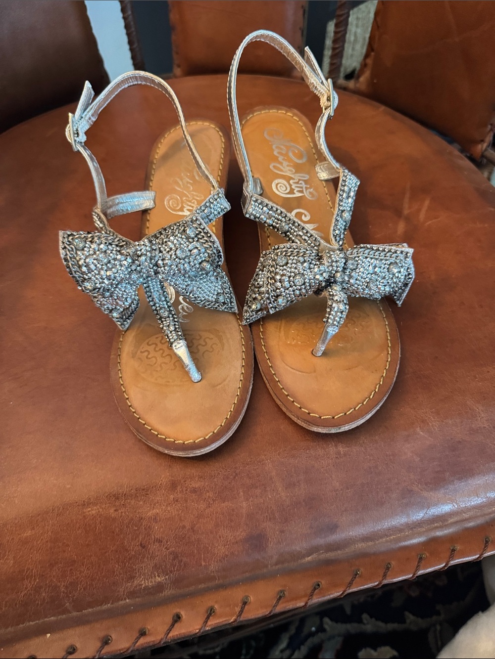 naughty monkey Silver Jeweled Bow T-Strap Wedge Sandals